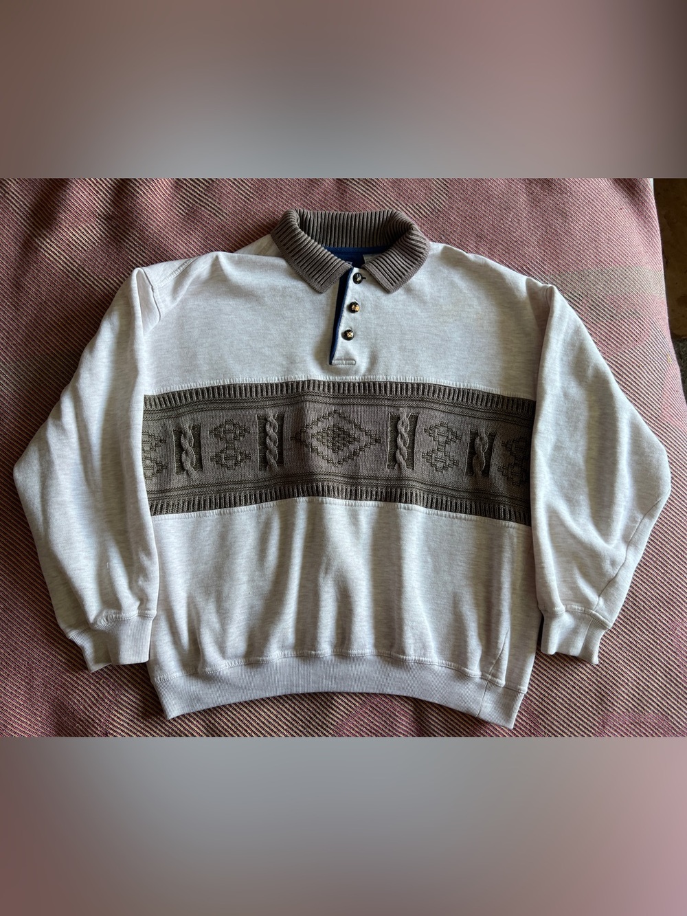 Casual Cream Polo-Style Sweater with Brown Accent, grandpa sweater